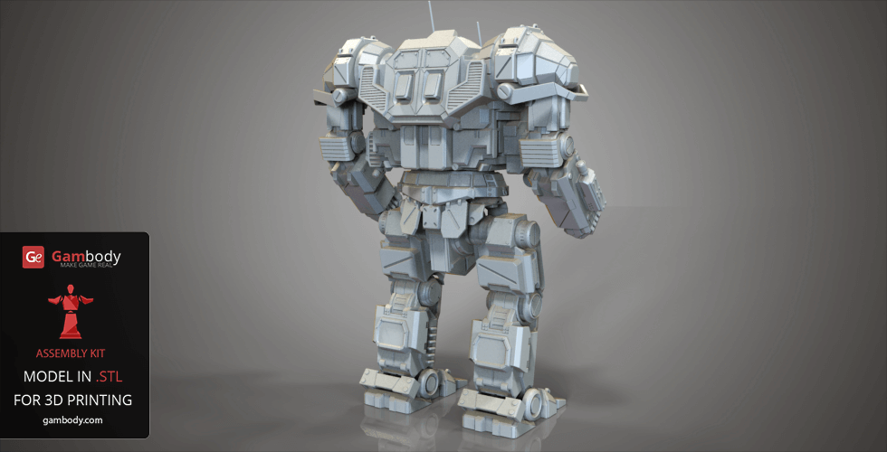 A detailed 3D model of a heavy, humanoid mech robot designed for 3D printing, viewed from the back.