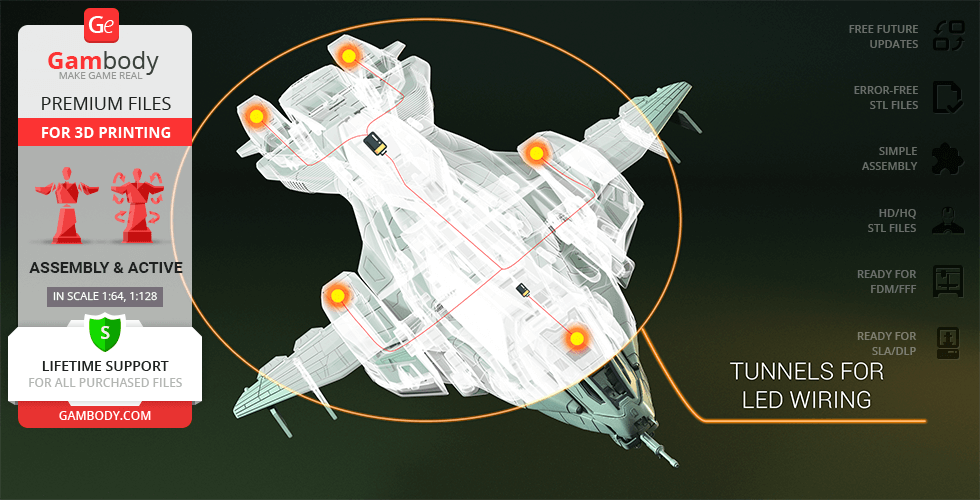 3D model of D77 Pelican for printing, shown with LED wiring tunnels, assembly scale 1:64 and 1:128.