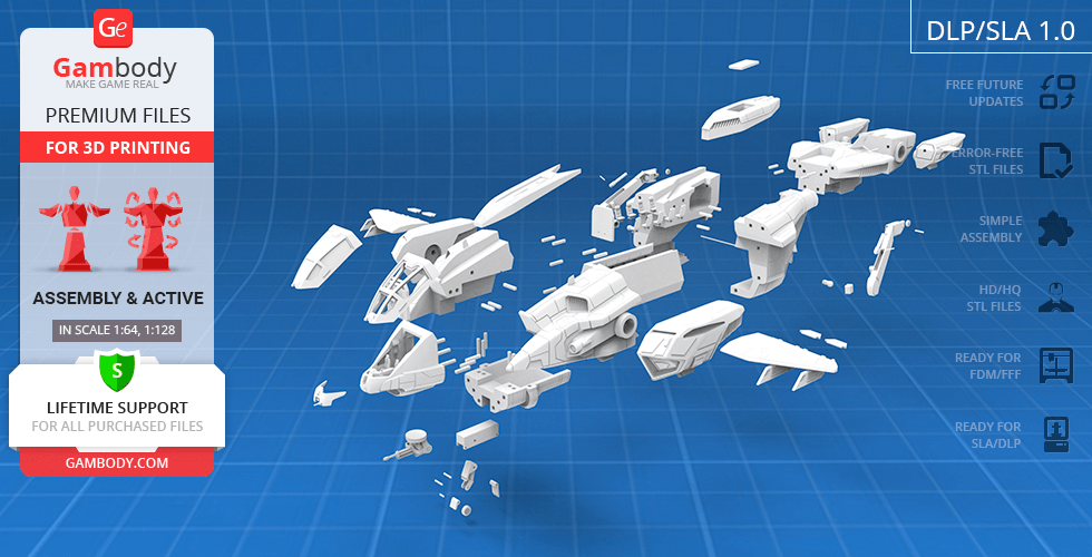 Exploded view of the D77 Pelican 3D model parts on a blue background for printing assembly.