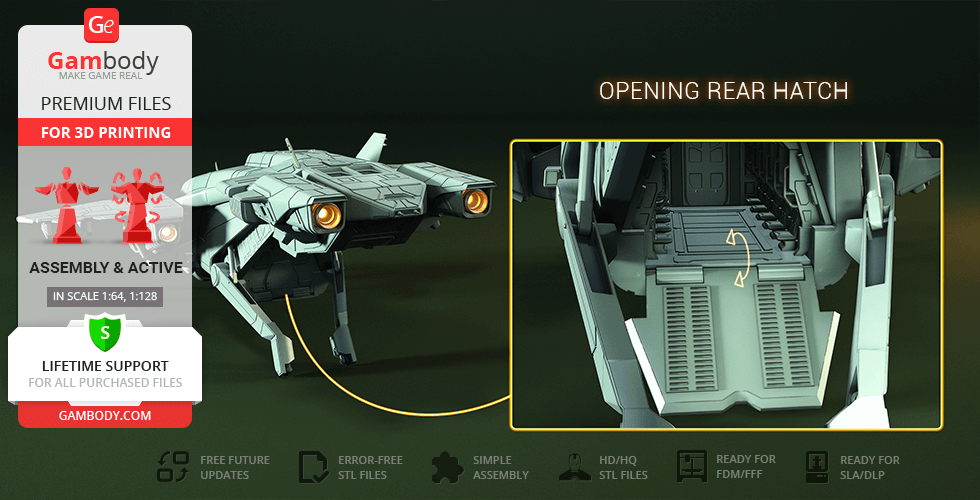 3D model of a D77 Pelican with opening rear hatch, suitable for 3D printing, shown in details.