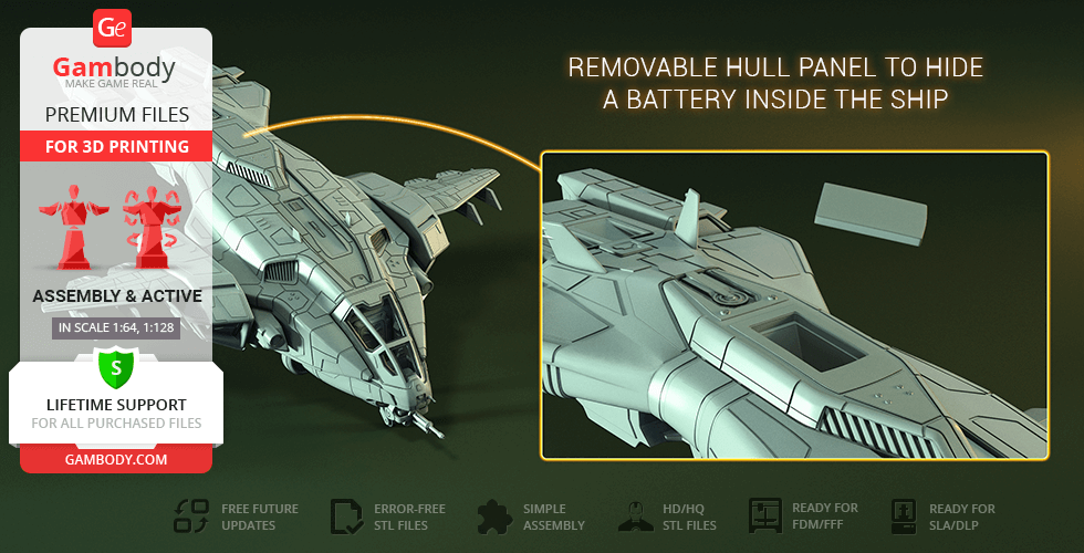 A detailed 3D model of a spaceship with a removable hull panel, shown ready for printing.