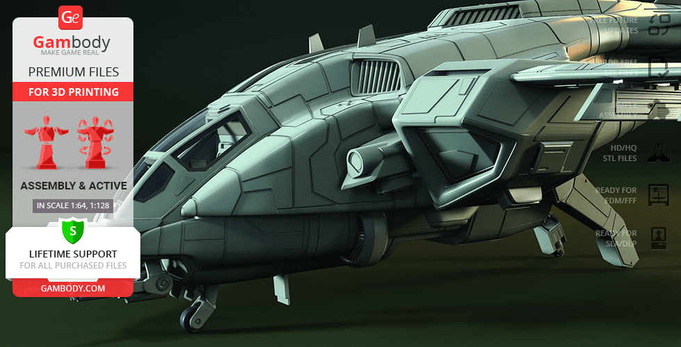 Futuristic spaceship model, D77 Pelican, for 3D printing with assembly guidance by Gambody.