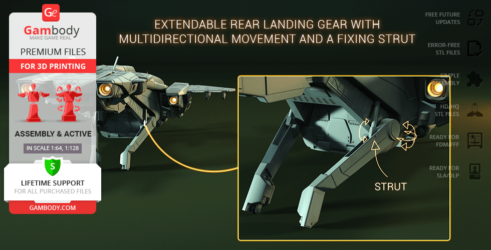 3D model of D77 Pelican with extendable rear landing gear and fixing strut displayed for 3D printing.