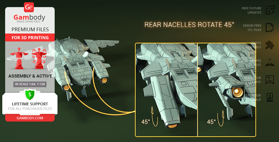 3D model of a D77 Pelican for printing, featuring rotating rear nacelles in a detailed design.