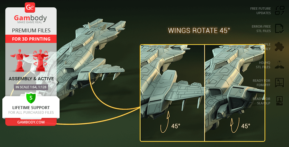 3D model of a D77 Pelican with rotating wings for 3D printing, shown with assembly instructions.