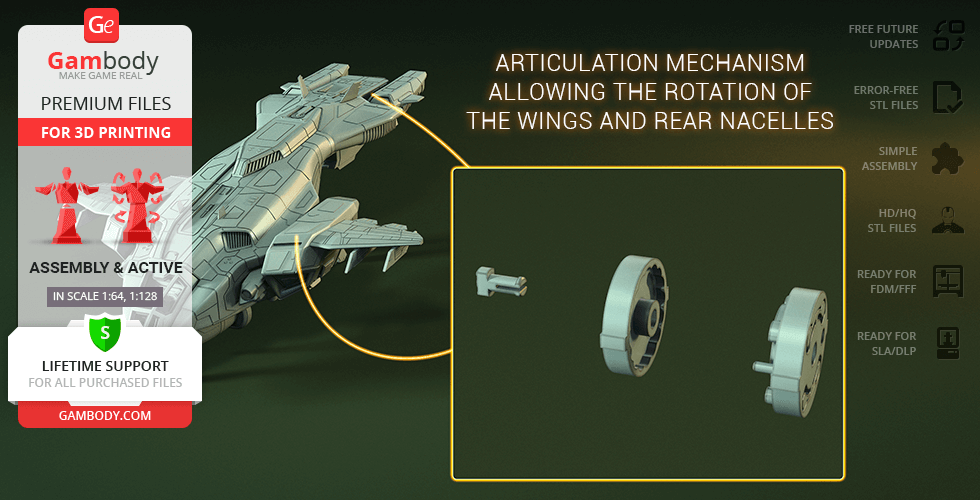 D77 Pelican 3D model with rotating wings and nacelles, shown with assembly and support details from Gambody.