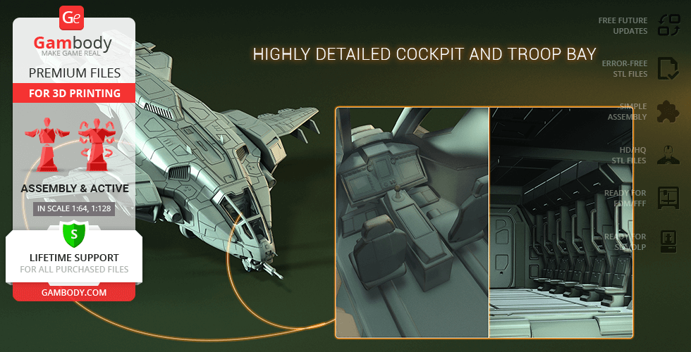 A detailed 3D model of a D77 Pelican, showcasing the cockpit and troop bay, designed for 3D printing.