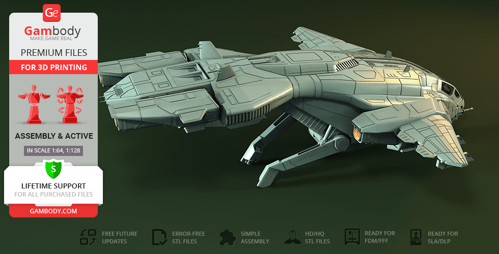 A detailed 3D model of a futuristic spacecraft, the D77 Pelican, designed for 3D printing.