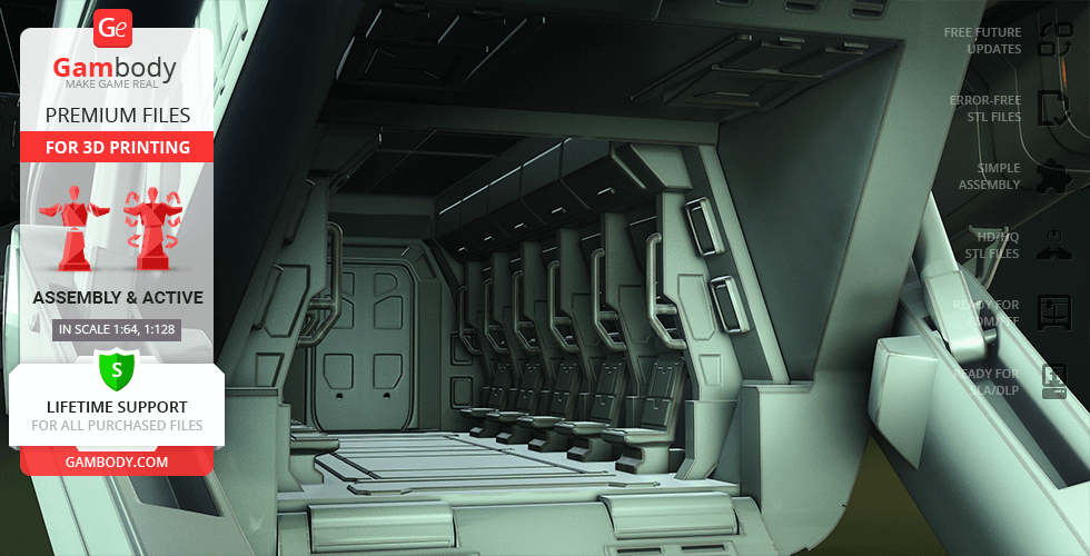 Detailed 3D interior model of D77 Pelican, showcasing seats and control panels for 3D printing.