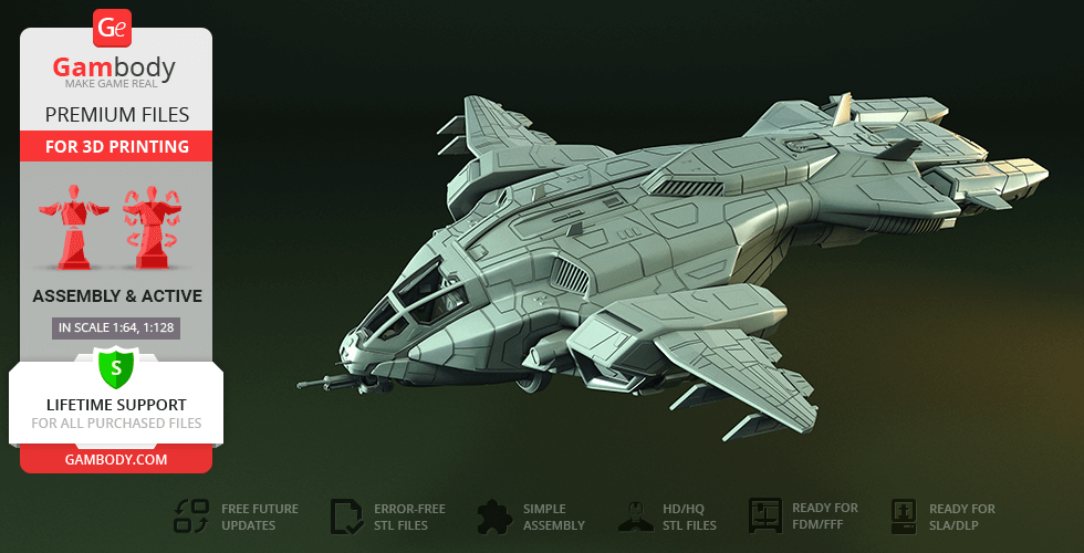 Futuristic spaceship model with detailed design for 3D printing, labeled for assembly and support.