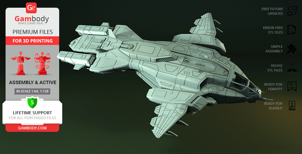 3D model of a futuristic spaceship from Gambody, designed for 3D printing, shown in green-gray tones.