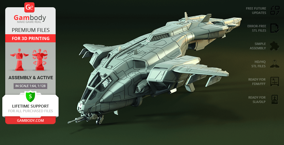 A detailed 3D model of a sci-fi spaceship designed for 3D printing, featuring intricate surface details.