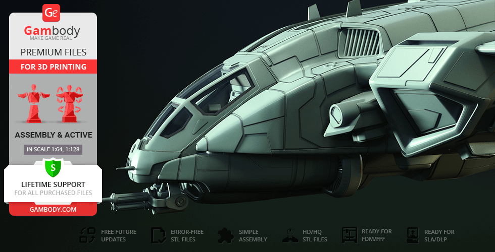 A detailed 3D model of the D77 Pelican spacecraft for 3D printing, shown with technical detail.