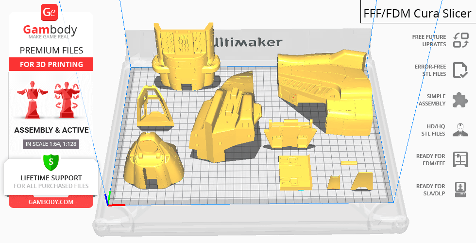 Yellow 3D printed parts of a D77 Pelican model on a grid platform, ready for assembly.