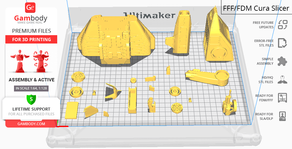 Layout of 3D printable D77 Pelican model parts in slicing software on grid.