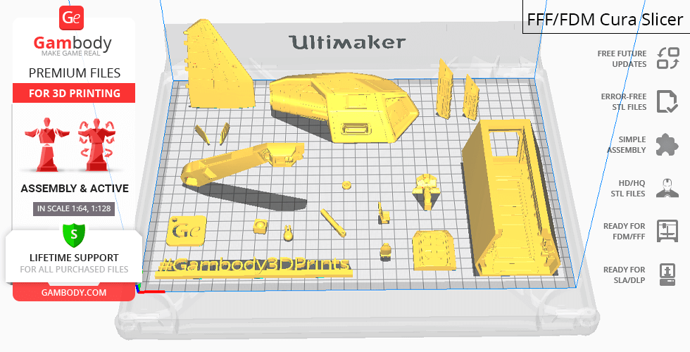 Layout of D77 Pelican 3D printing parts on a grid, showing various labeled sections in yellow.