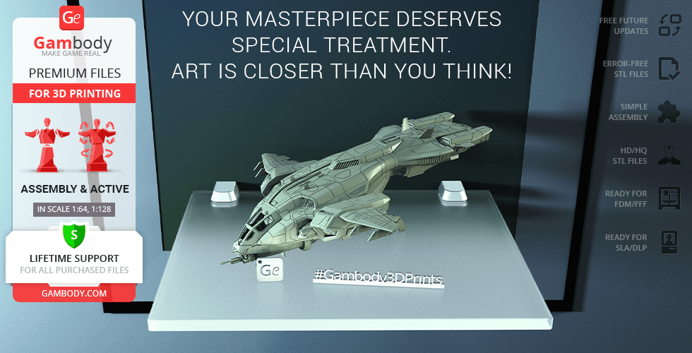 A detailed 3D model of a D77 Pelican displayed for 3D printing, shown on a platform with promotional text.