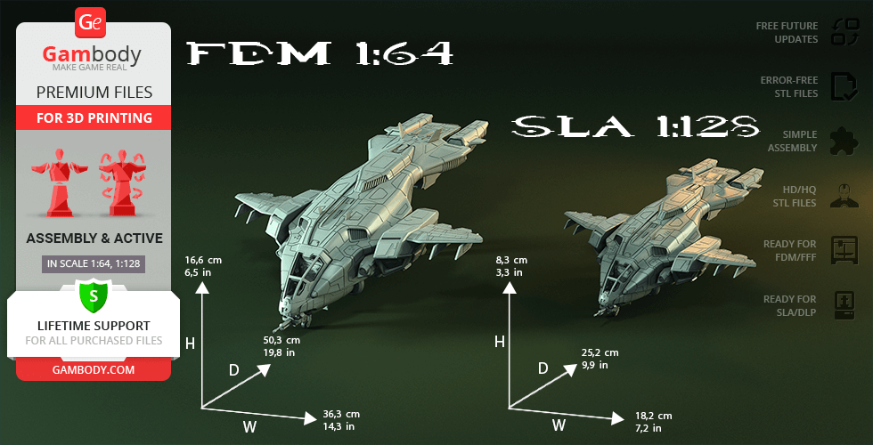 3D model of a D77 Pelican spaceship, shown in two sizes with dimensions for 3D printing.