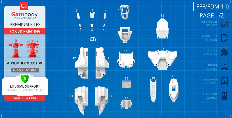 STL file preview of the D77 Pelican model, showing assembly parts on a blue grid background.