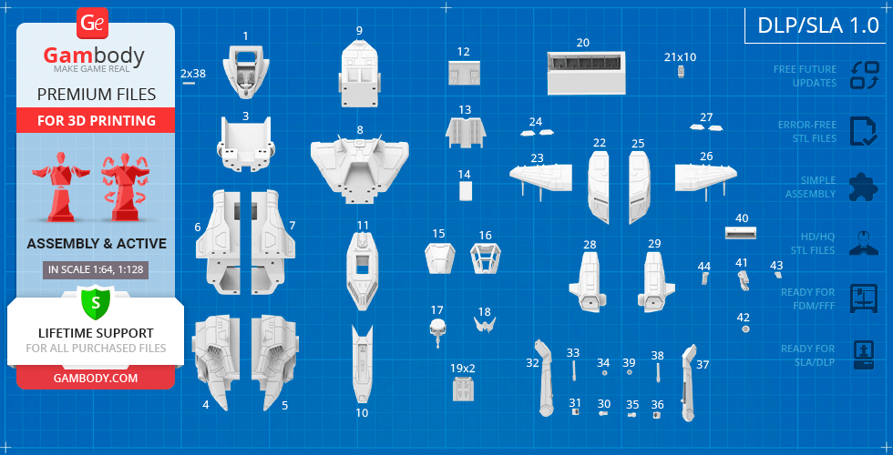 Blueprint layout of D77 Pelican 3D printing parts, numbered for assembly.