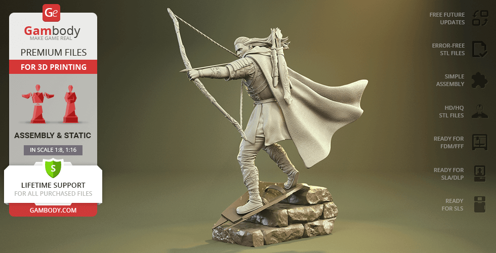 Archer figure in action pose on rocky base, designed for 3D printing with detailed clothing and accessories.