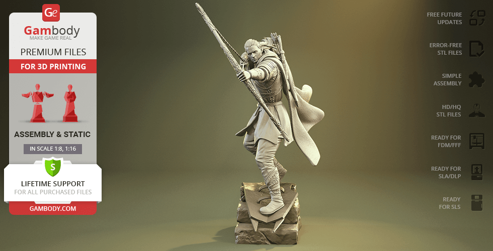 A detailed 3D model of an elven archer poised with a bow, designed for 3D printing, on a rocky base.