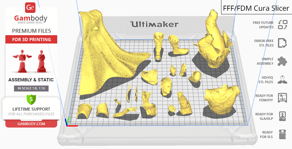 3D printable STL model parts of Legolas from Lord of the Rings on virtual printing bed.