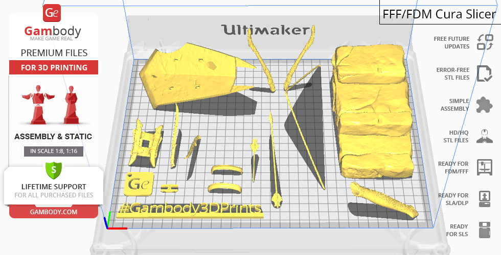 3D printing layout for Legolas model with separated parts on a build plate in Cura slicer.