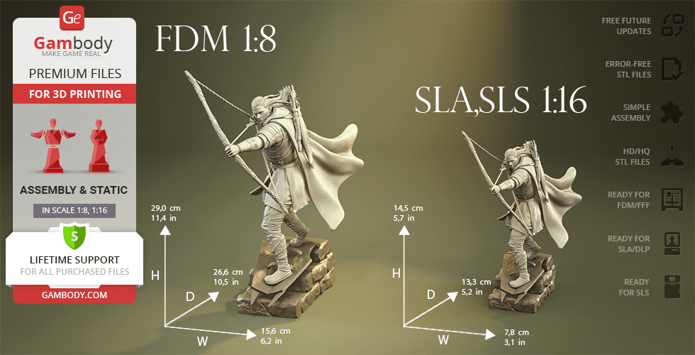 3D model of an elf archer, in two scales, for 3D printing. Includes size and assembly info.