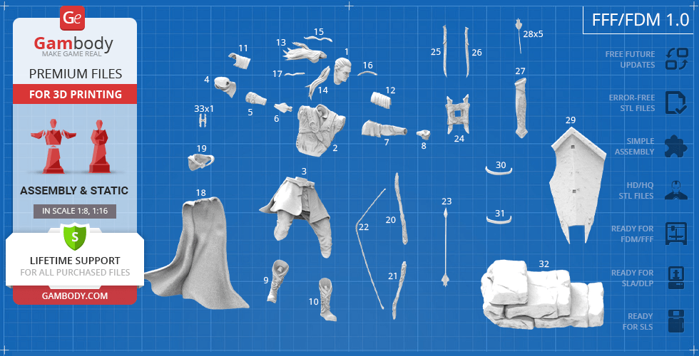 Blueprint-style layout of Legolas 3D model parts for printing, showing detailed components and assembly guide.