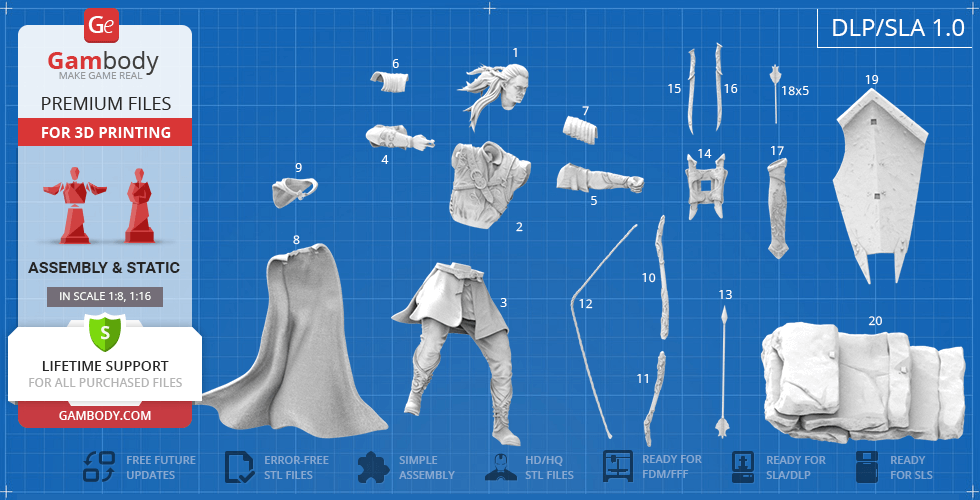 The image shows numbered 3D printable parts for assembling a Legolas figure on a blueprint background.