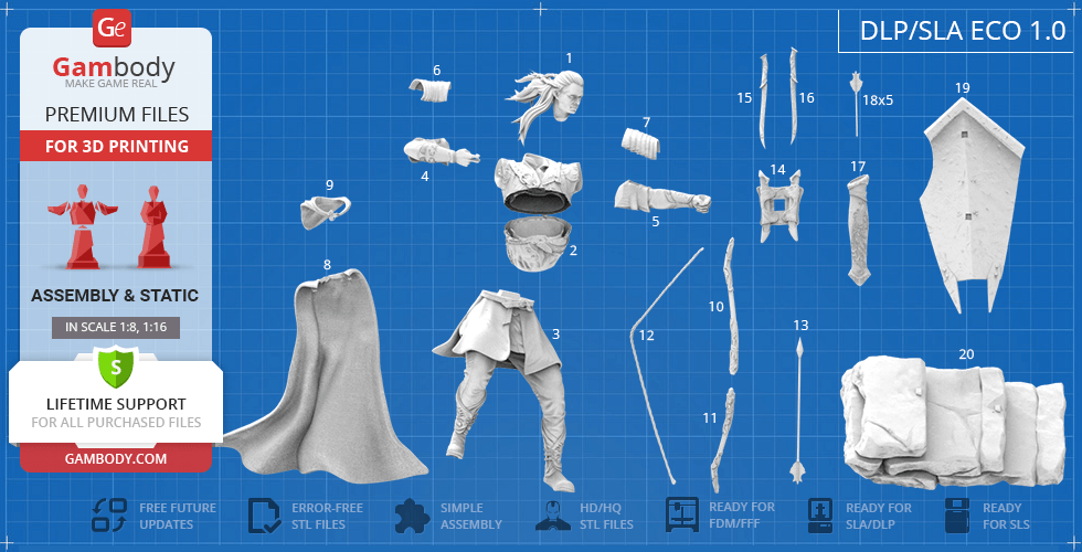 3D printable parts of an elf character from a fantasy universe, including body, head, weapons, and a cape.