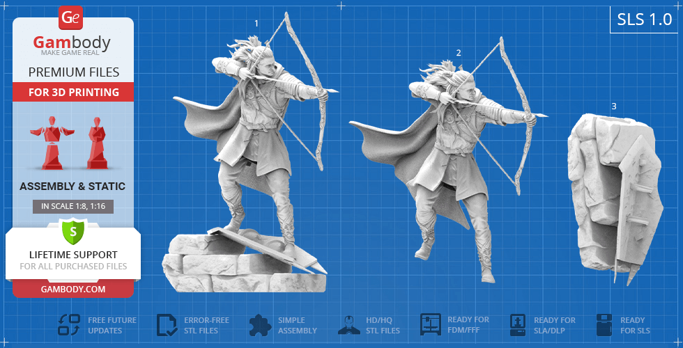 A detailed 3D model of an archer from a fantasy setting, posed mid-shot, ready for 3D printing.