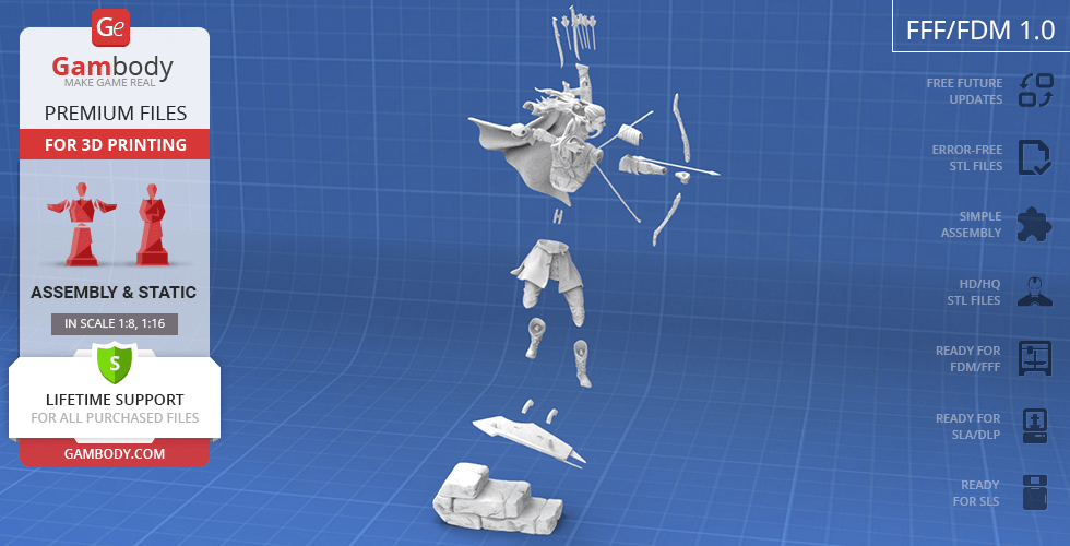 Exploded view of a Legolas 3D model for printing, showing separate components on a blue grid background.