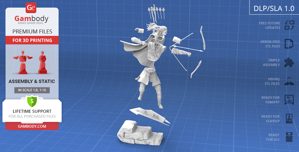 3D model of an elf archer with bow and quiver, dynamic pose, for 3D printing.