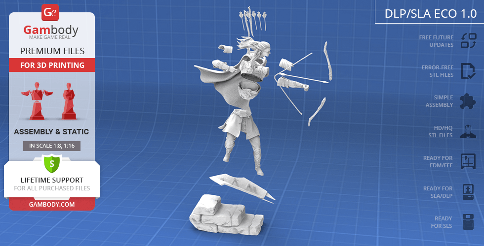 A 3D model of an archer mid-action, with a bow and arrows, ready for 3D printing by Gambody.