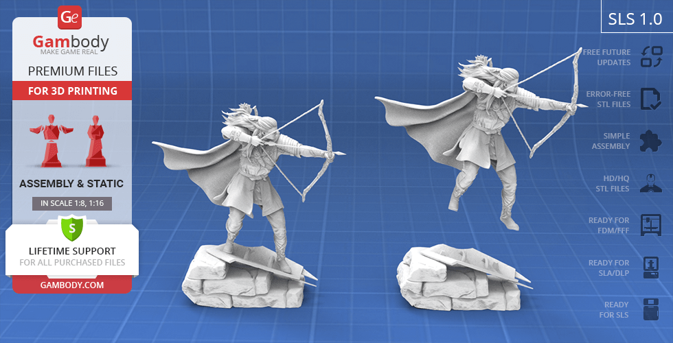 3D model of an elf archer drawing a bow, standing on a rocky base.