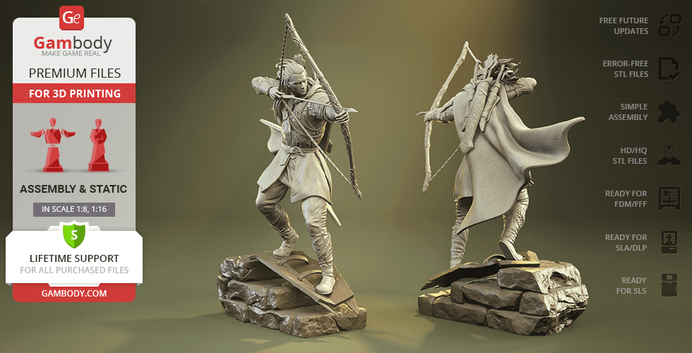 A 3D printed model of an elf archer in an action pose, standing on rocky terrain, ready for assembly.