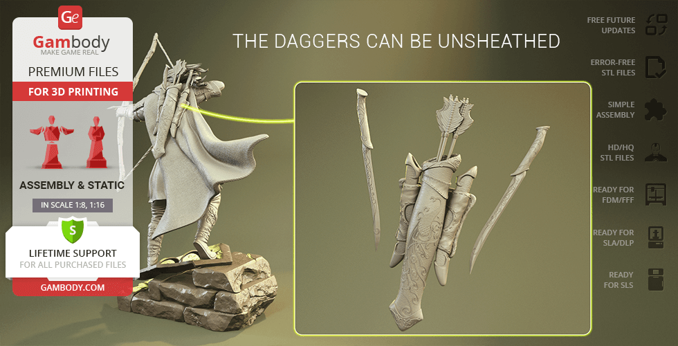 A 3D model of an elf archer from LOTR, with daggers and a quiver, designed for 3D printing.