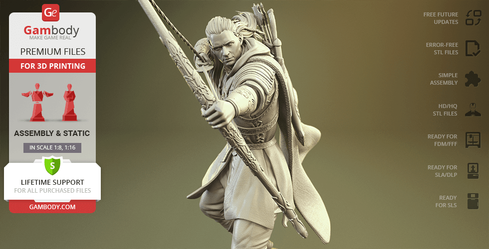 3D model of an elf archer poised to shoot, designed for 3D printing by Gambody.