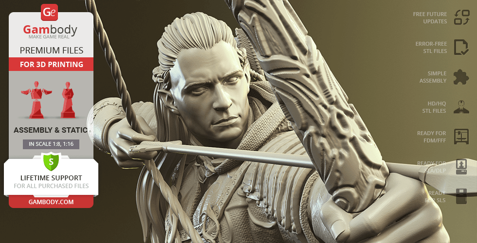 Archer figure poised with a bow and arrow, detailed armor, intended for 3D printing from Gambody.