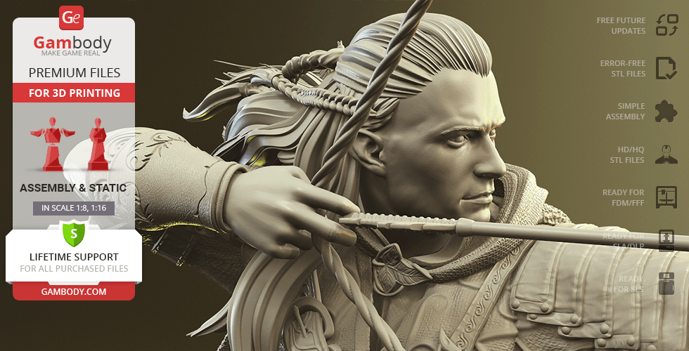 A detailed 3D model of an elven archer with braided hair, poised to shoot an arrow, designed for 3D printing.