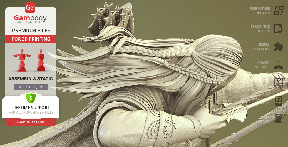 Detailed 3D model of a braided-haired archer aiming with his bow, designed for printing.