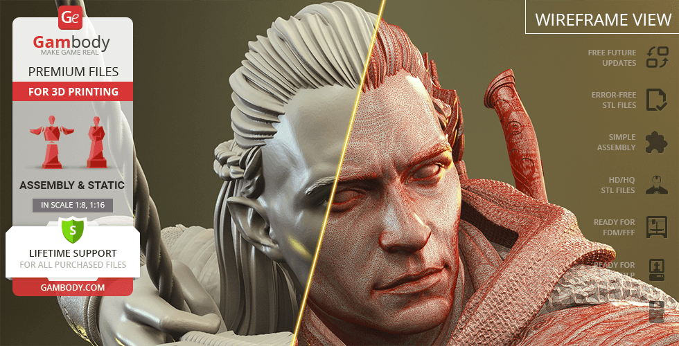 A detailed 3D model of an elvish character from a fantasy setting, shown in wireframe and textured views.