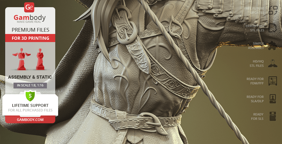 Detailed 3D model of an armored character in a cloak, ready for 3D printing, by Gambody.