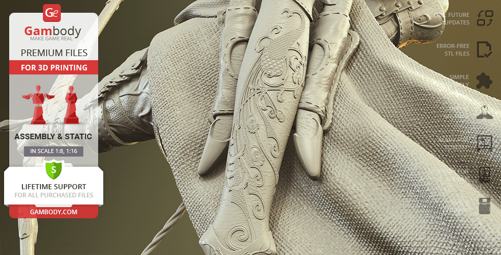 Detailed Legolas 3D model STL for printing, featuring textured elven attire and weapons.