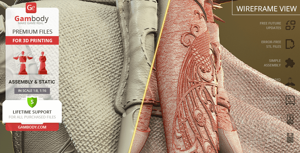 Close-up of 3D printable Legolas model details with intricate textures and patterns from Gambody.