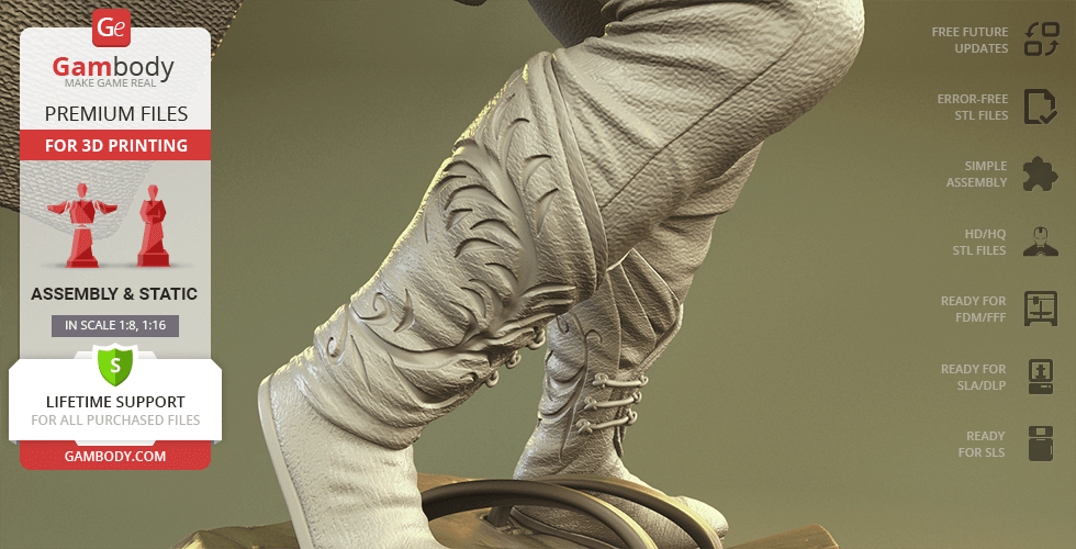 A detailed 3D printed model of a character's intricately designed boots, suitable for assembly.