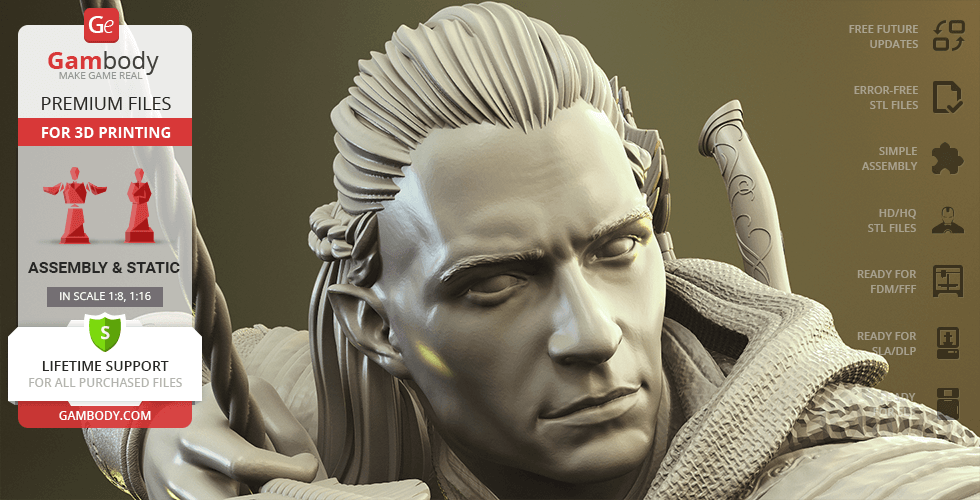 A detailed 3D model of a focused elf archer from a fantasy setting, ready for 3D printing.