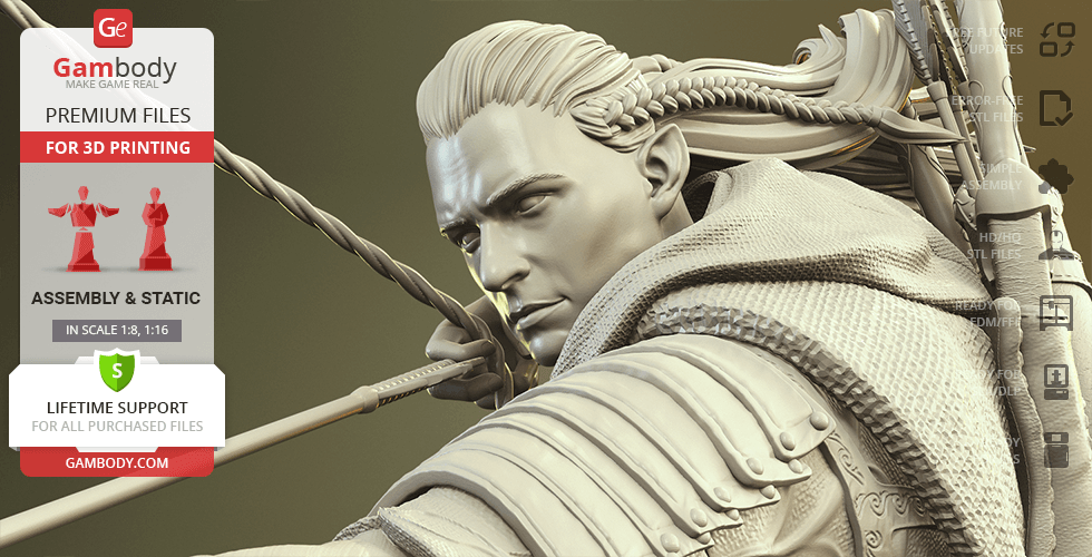 A detailed 3D model of an elf archer with braided hair, holding a bow, designed for 3D printing.